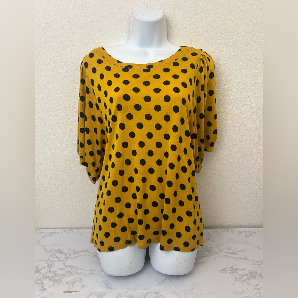 Mind Code Long Puff Sleeve Top Women’s Sz M Yellow Polka Dots Pullover Blouse